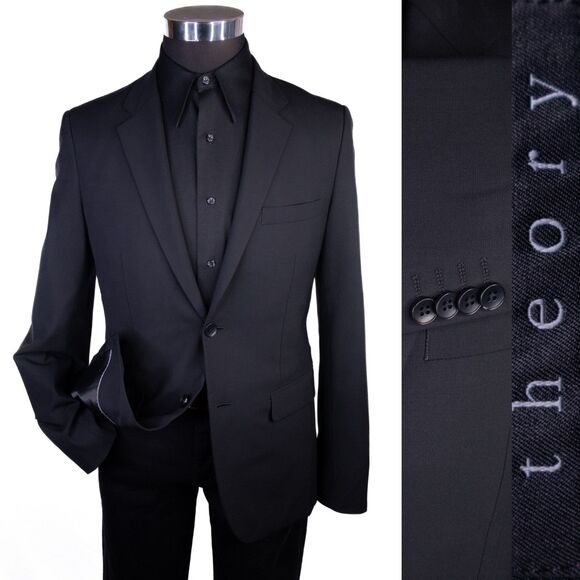 Theory Suit Jacket Sport Coat Blazer Sz 38R Solid Black Wool Blend 2-Button - Picture 1 of 13